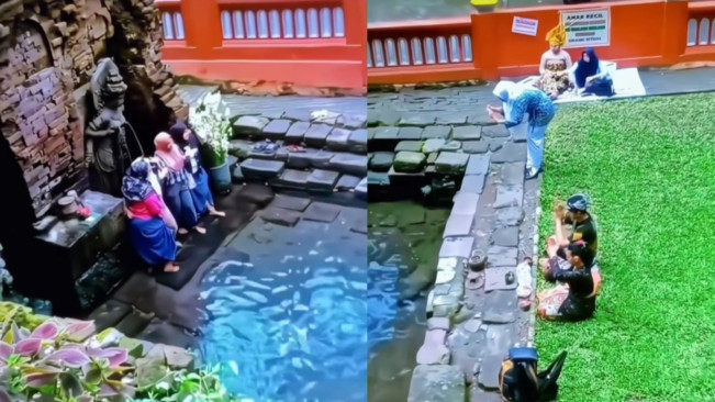 Viral Sekelompok Ibu-Ibu Berkerudung Asyik Berfoto Depan Warga Beribadah di Candi Belahan